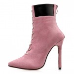 Pink Suede Point Head Lace Up Rider Stiletto High Heels Boots Shoes